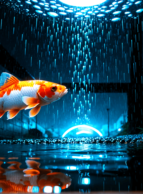 fish, rain, water, reflection, street, light, raindrops, building, grass, pebbles