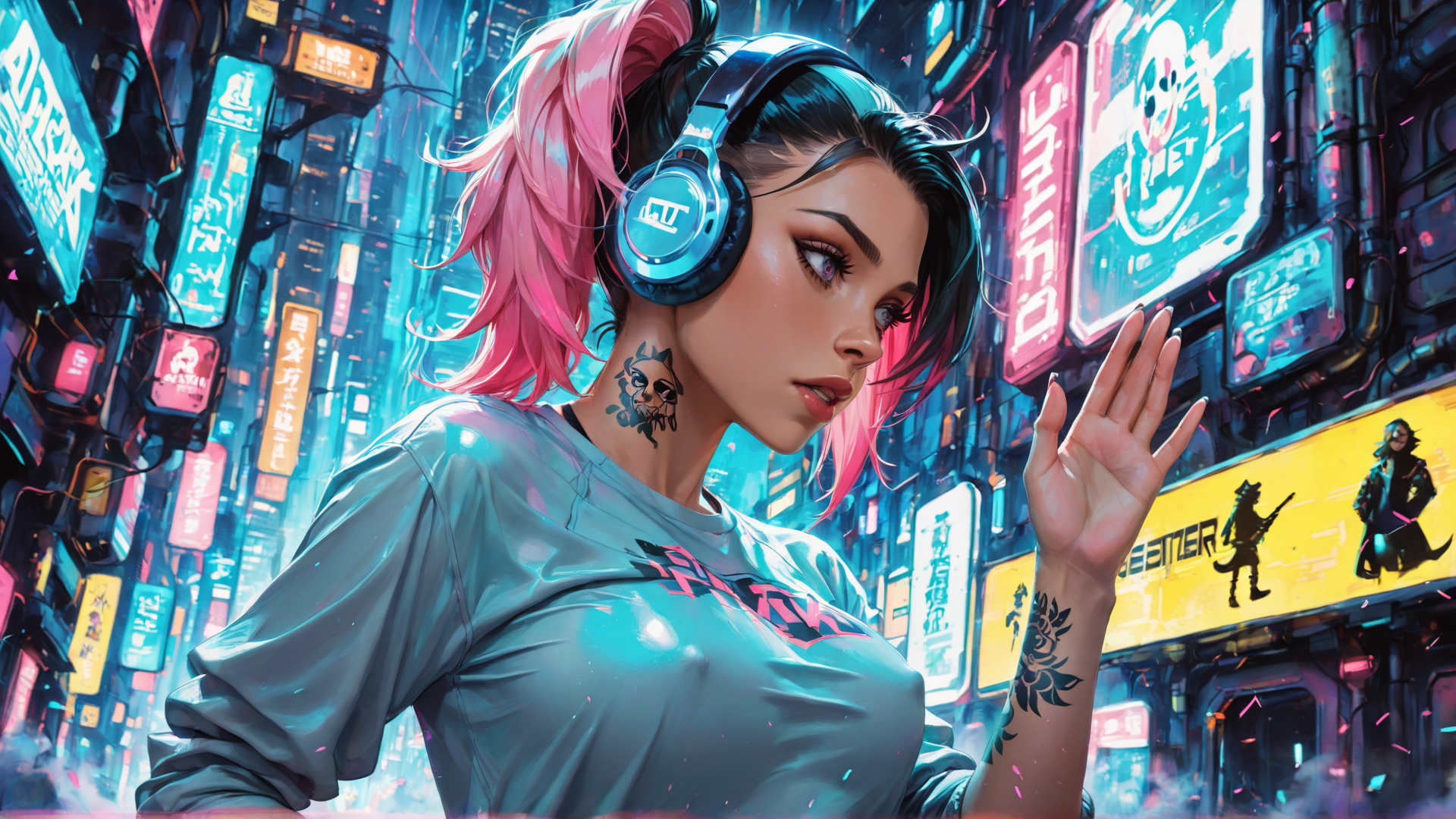 AI generated wallpaper featuring woman, headphones, tattoo, cityscape, neon signs, pink hair, shirt
