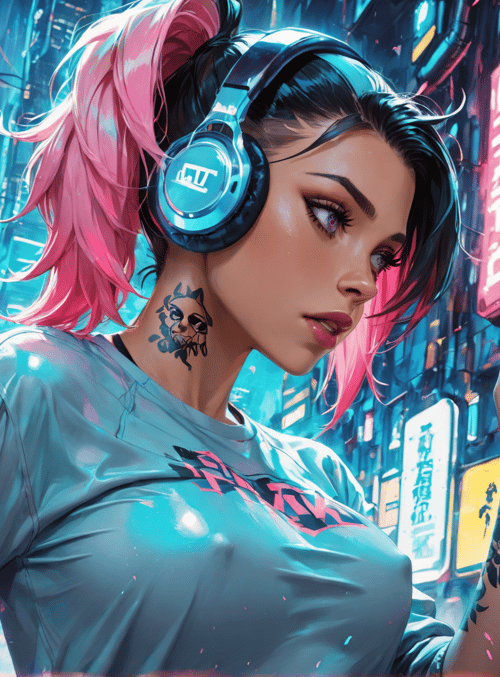 woman, headphones, tattoo, cityscape, neon signs, pink hair, shirt