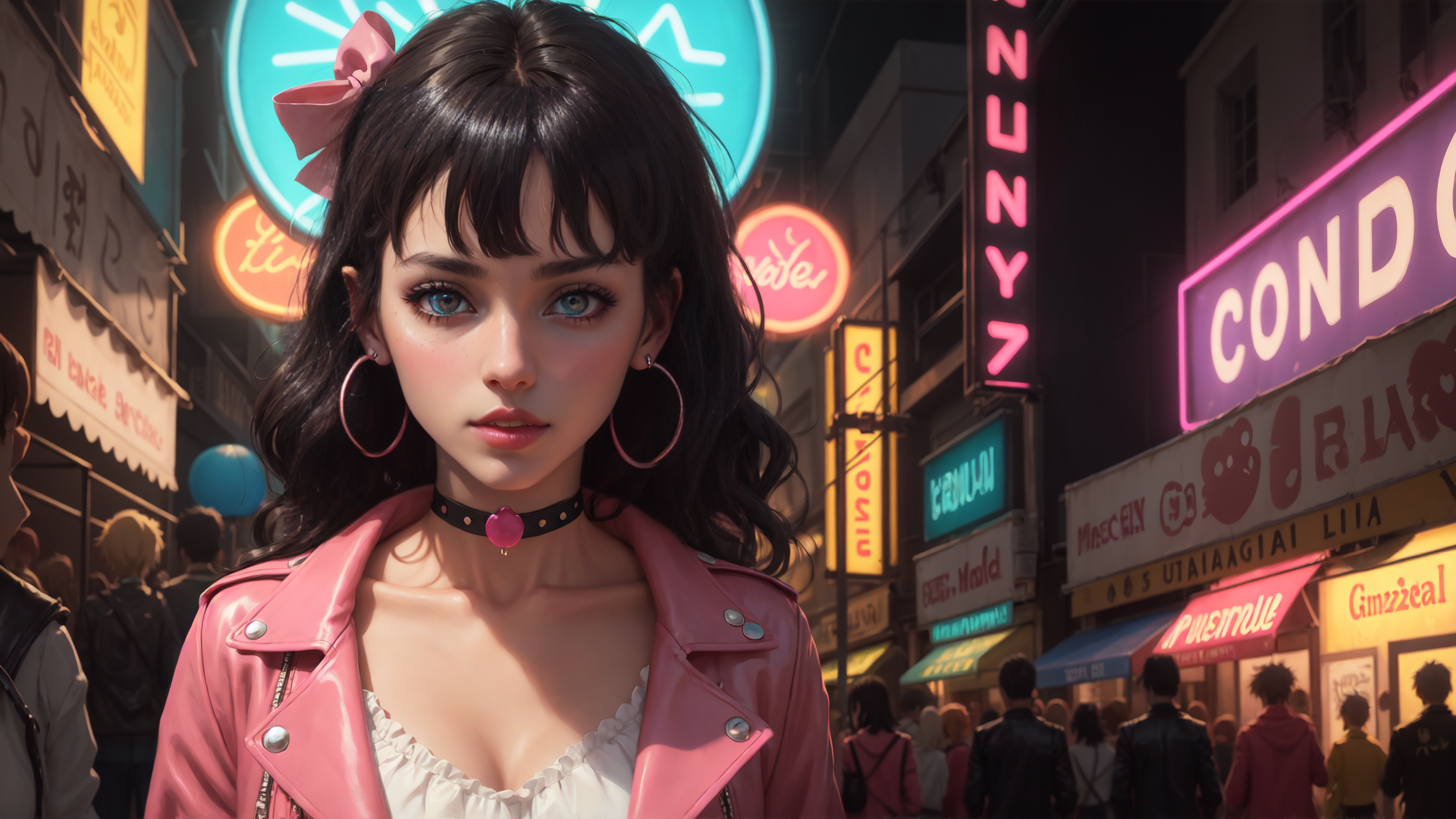 AI generated wallpaper featuring girl, neon, city