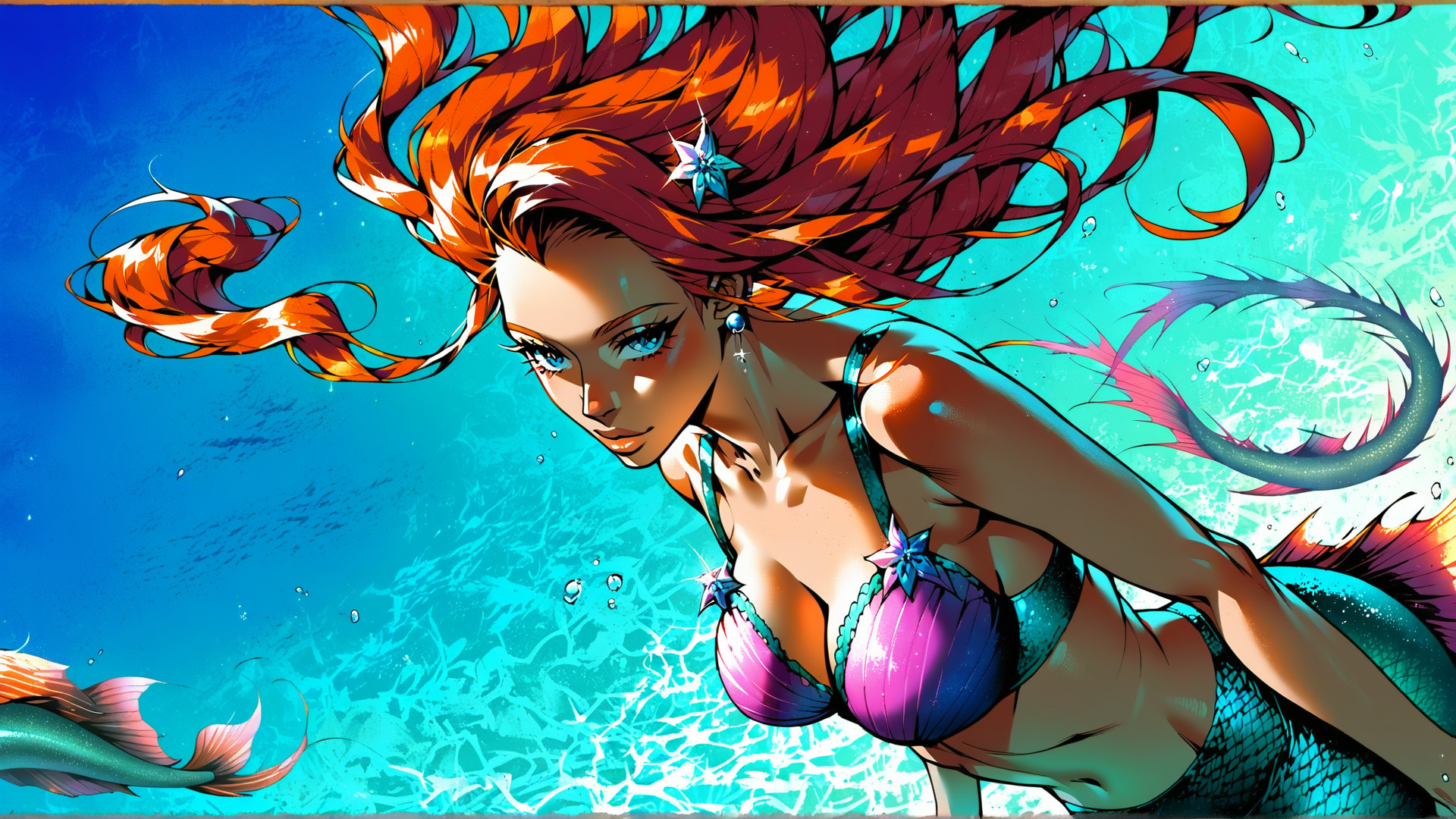 AI generated wallpaper featuring mermaid, siren, sea creature, fashion, beauty