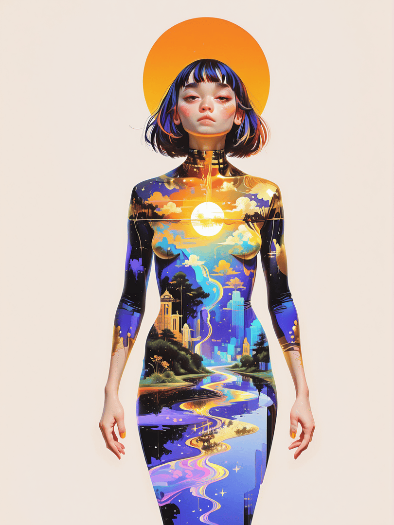 AI generated wallpaper featuring woman, sunset, cityscape, river, trees