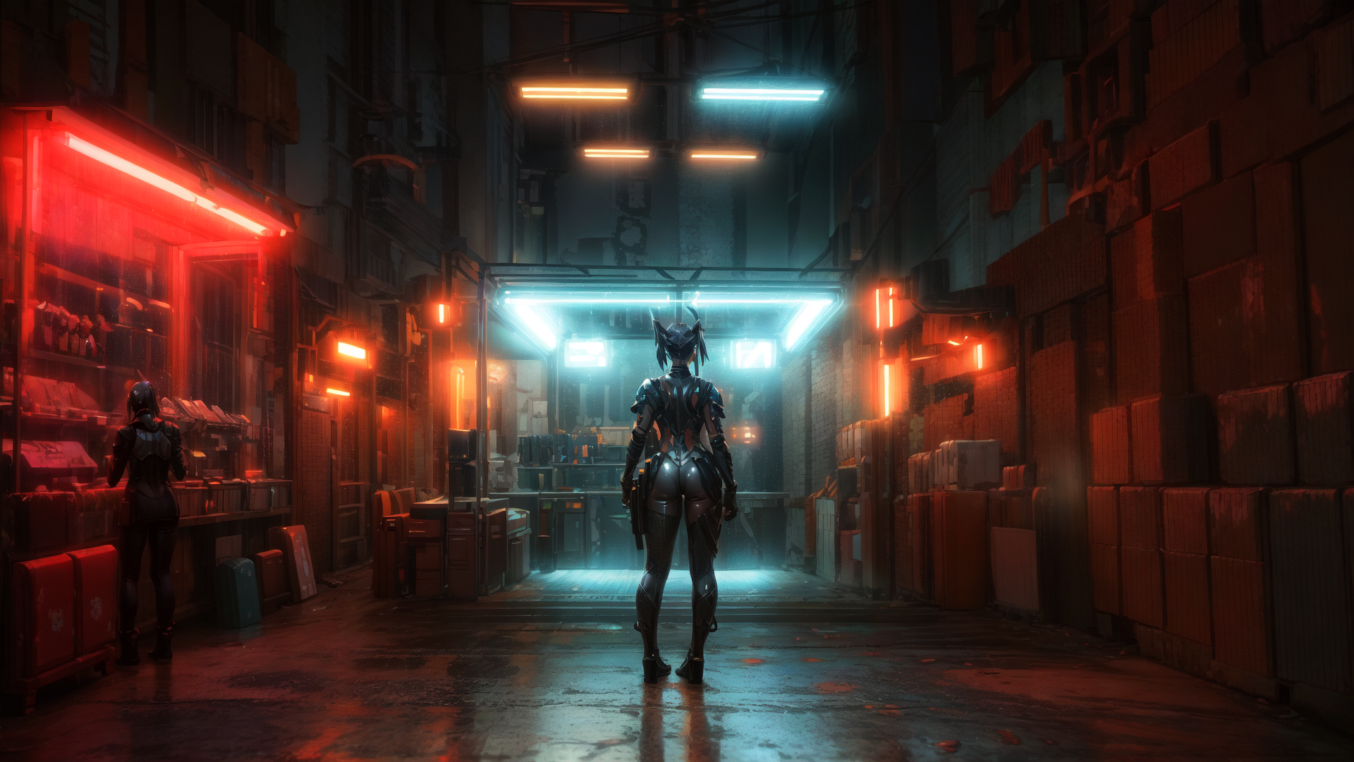 AI generated wallpaper featuring cyborg, alley, neon