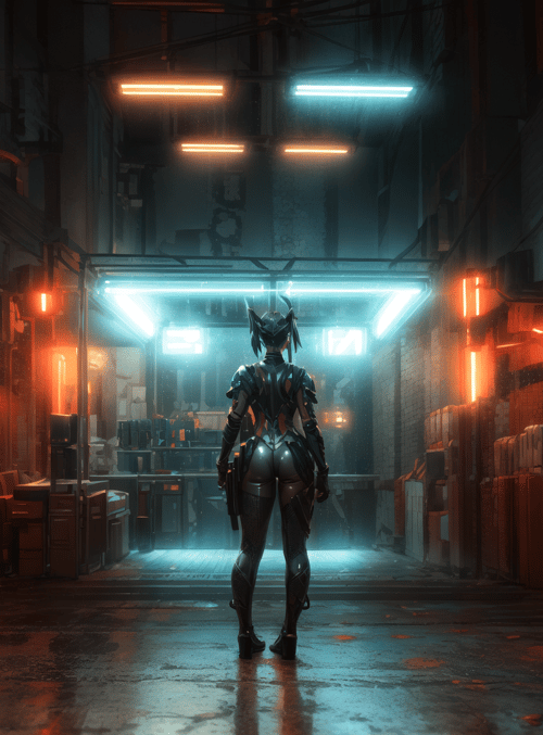 cyborg, alley, neon