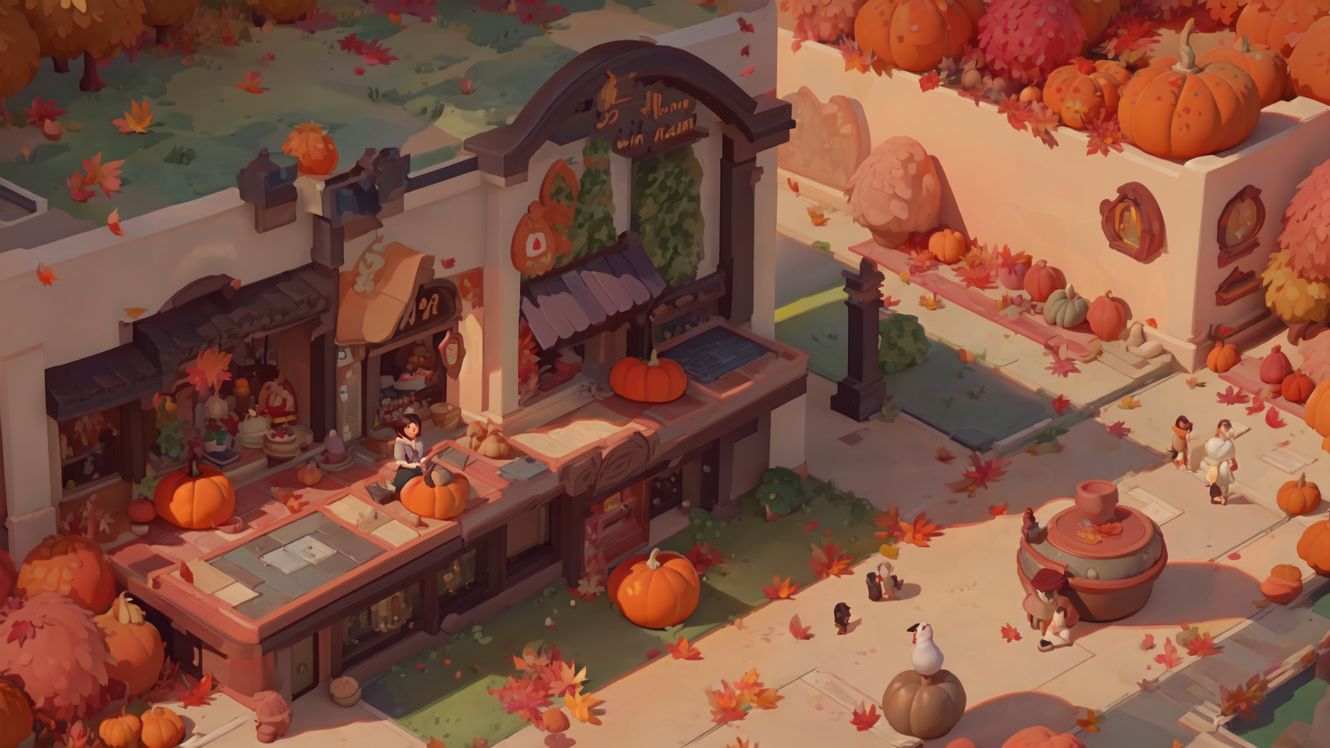 AI generated wallpaper featuring pumpkin, store, leaf