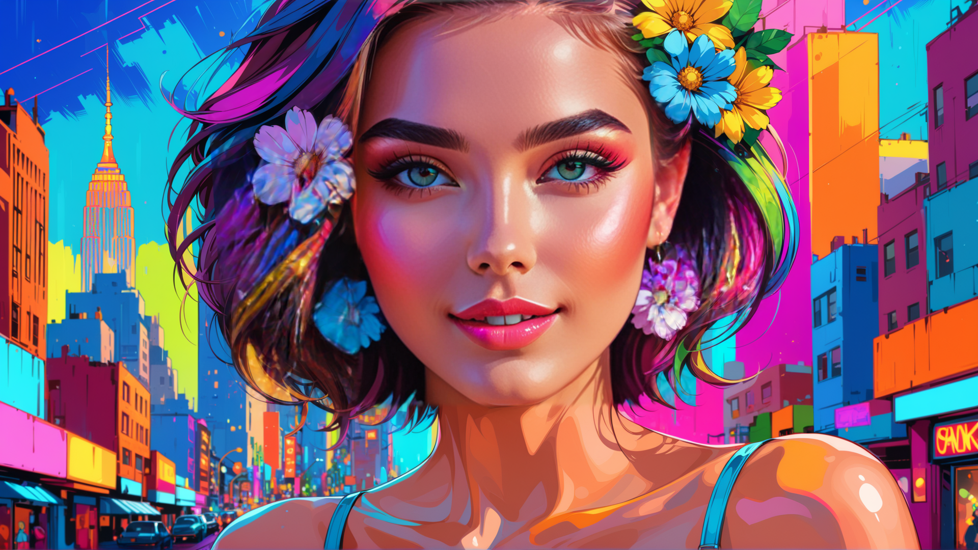 AI generated wallpaper featuring woman, cityscape