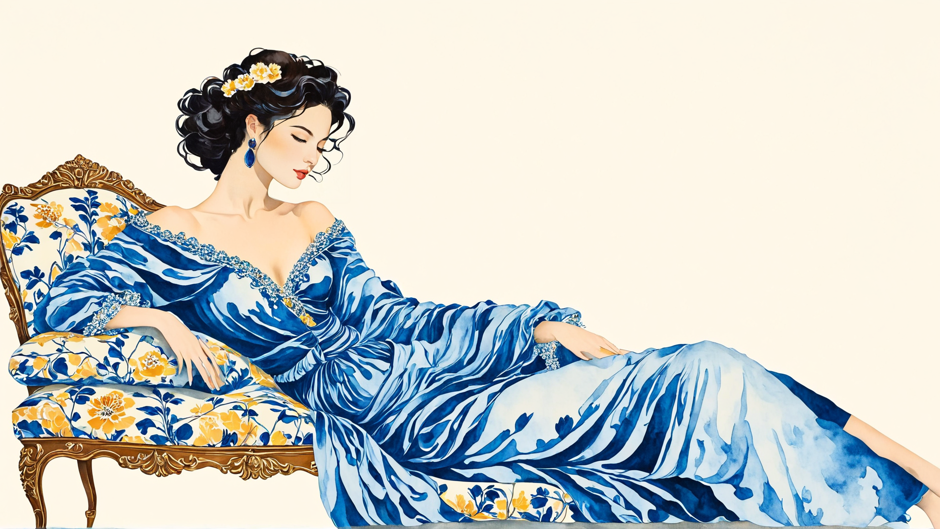 AI generated wallpaper featuring woman, dress, chair, flowers