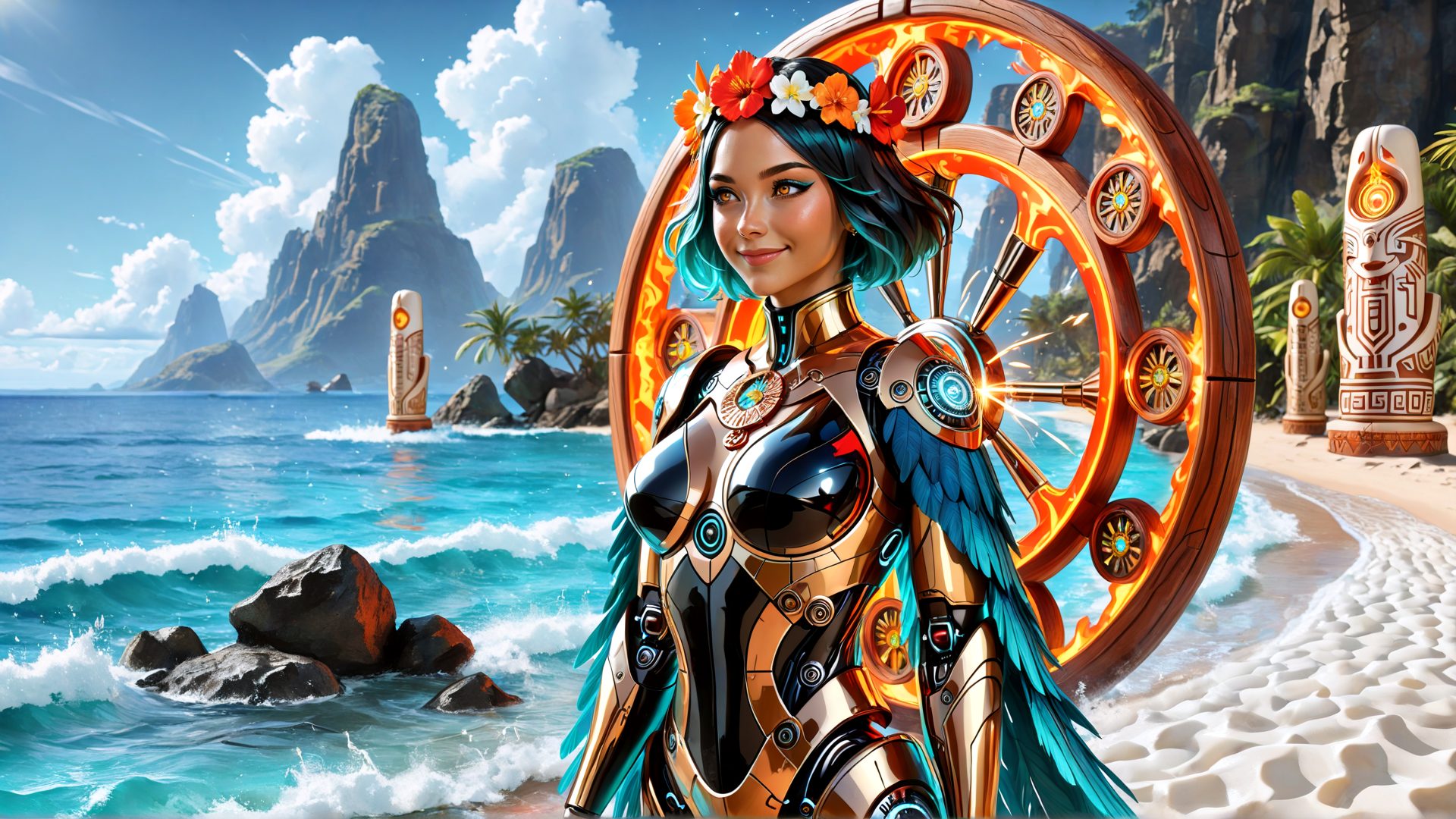 AI generated wallpaper featuring cyborg, woman, wheel, beach, tiki, tropical, ocean, mountain, flower, feathers