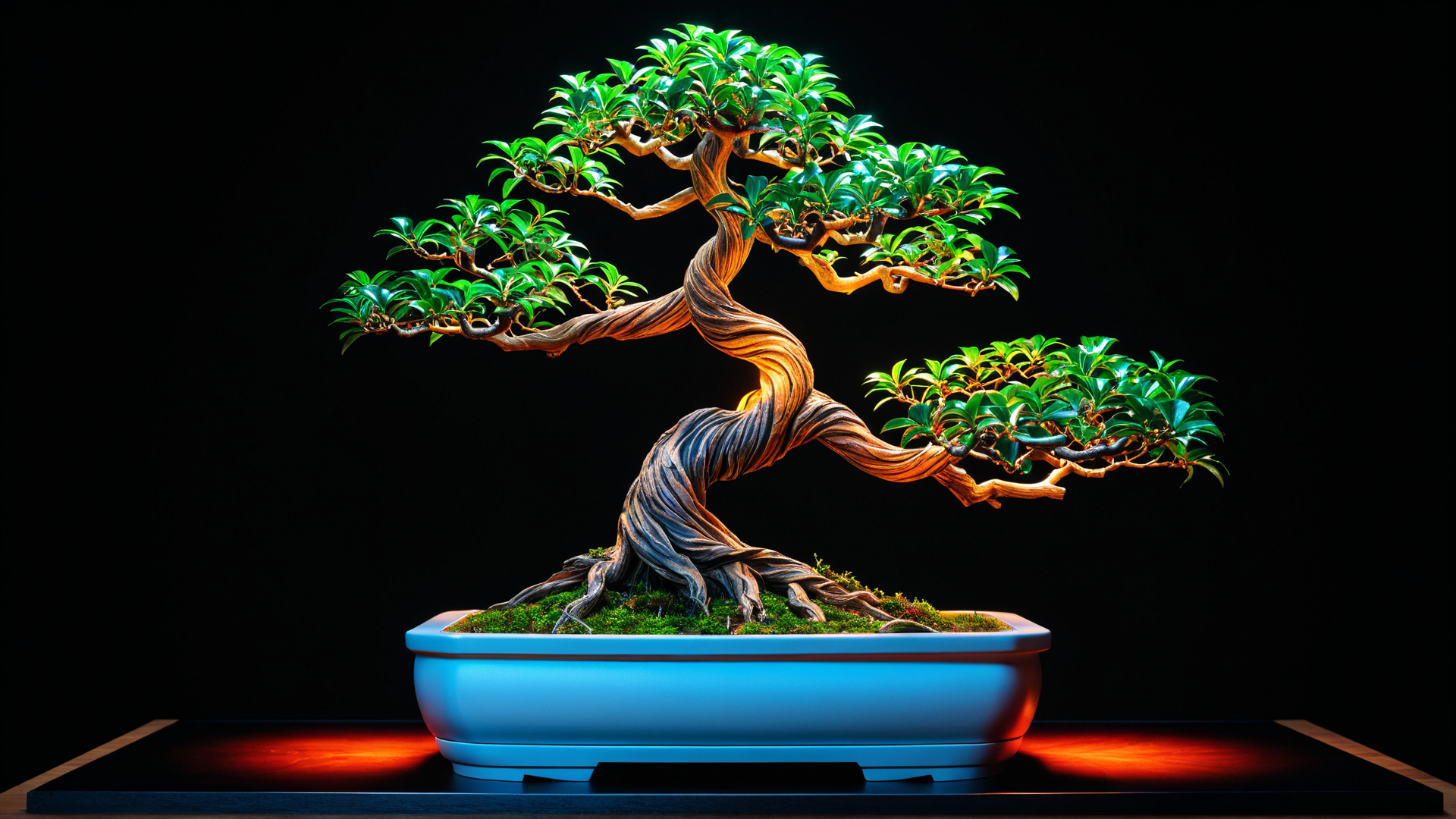 AI generated wallpaper featuring bonsai, tree, pot, branch, leaf, trunk, moss, bowl, plant, root