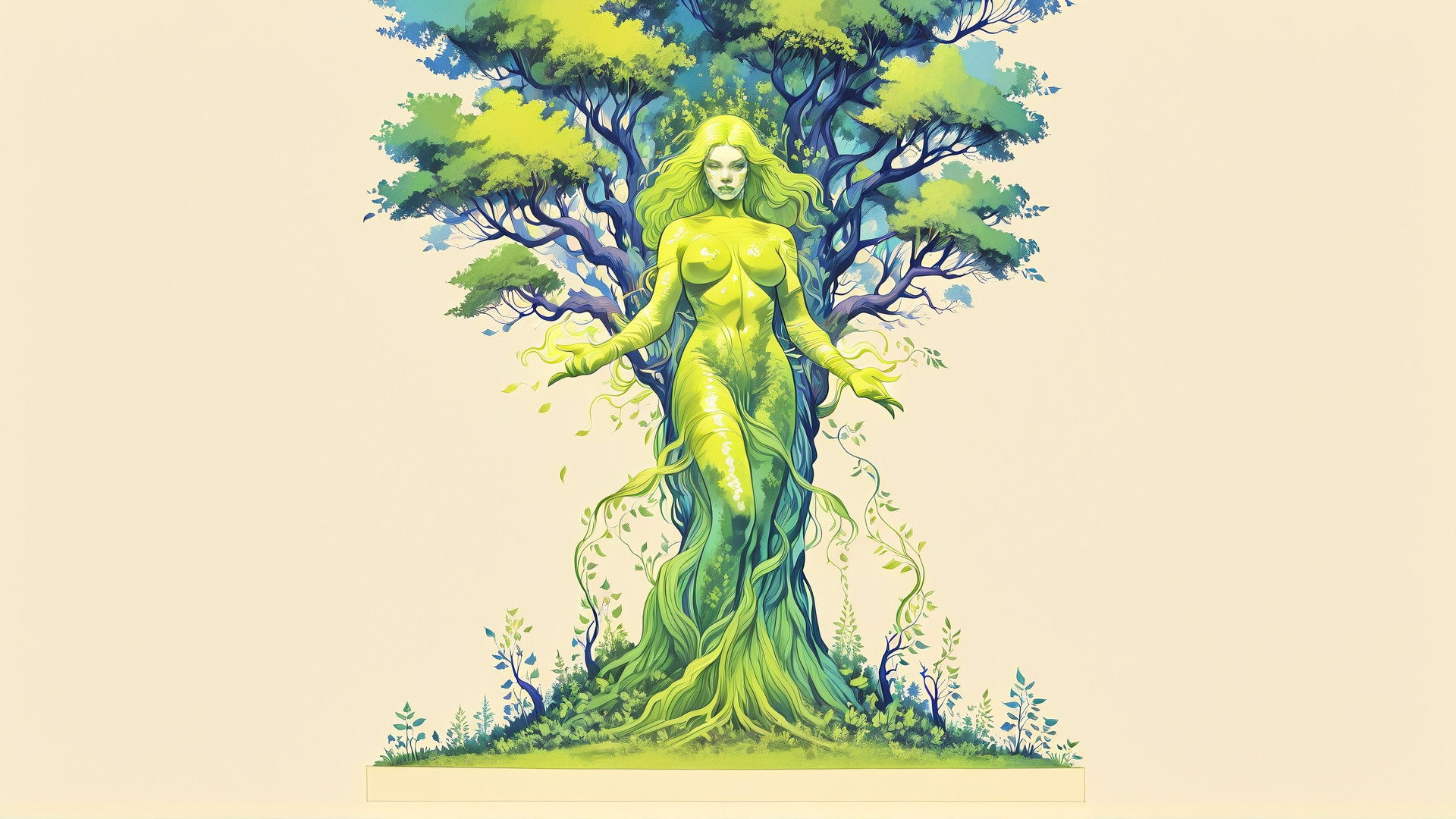 AI generated wallpaper featuring woman, tree, nature, goddess