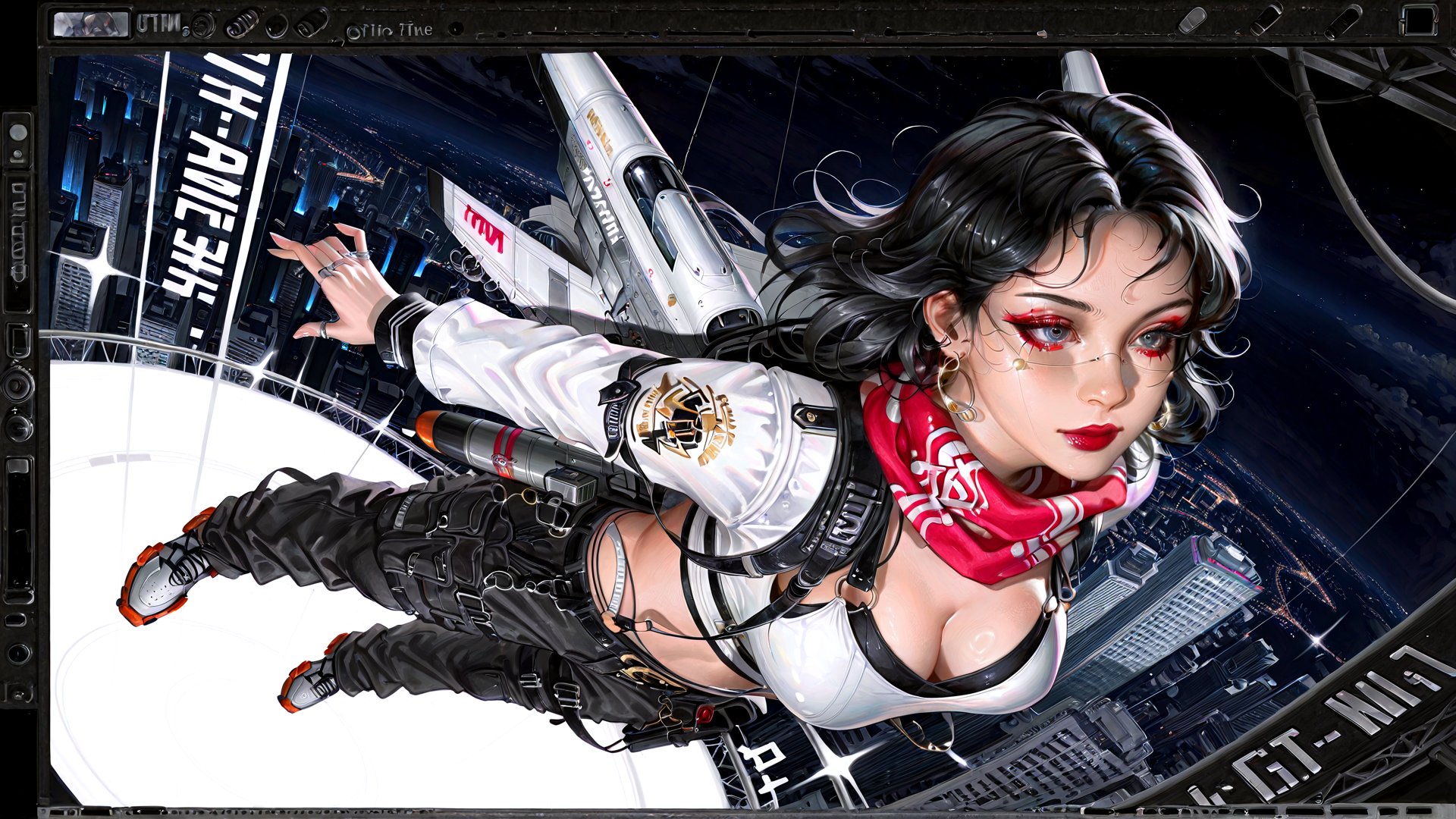 AI generated wallpaper featuring woman, spaceship, cityscape, futuristic, goggles, scarf, gloves, sneakers, jewelry, spacesuit