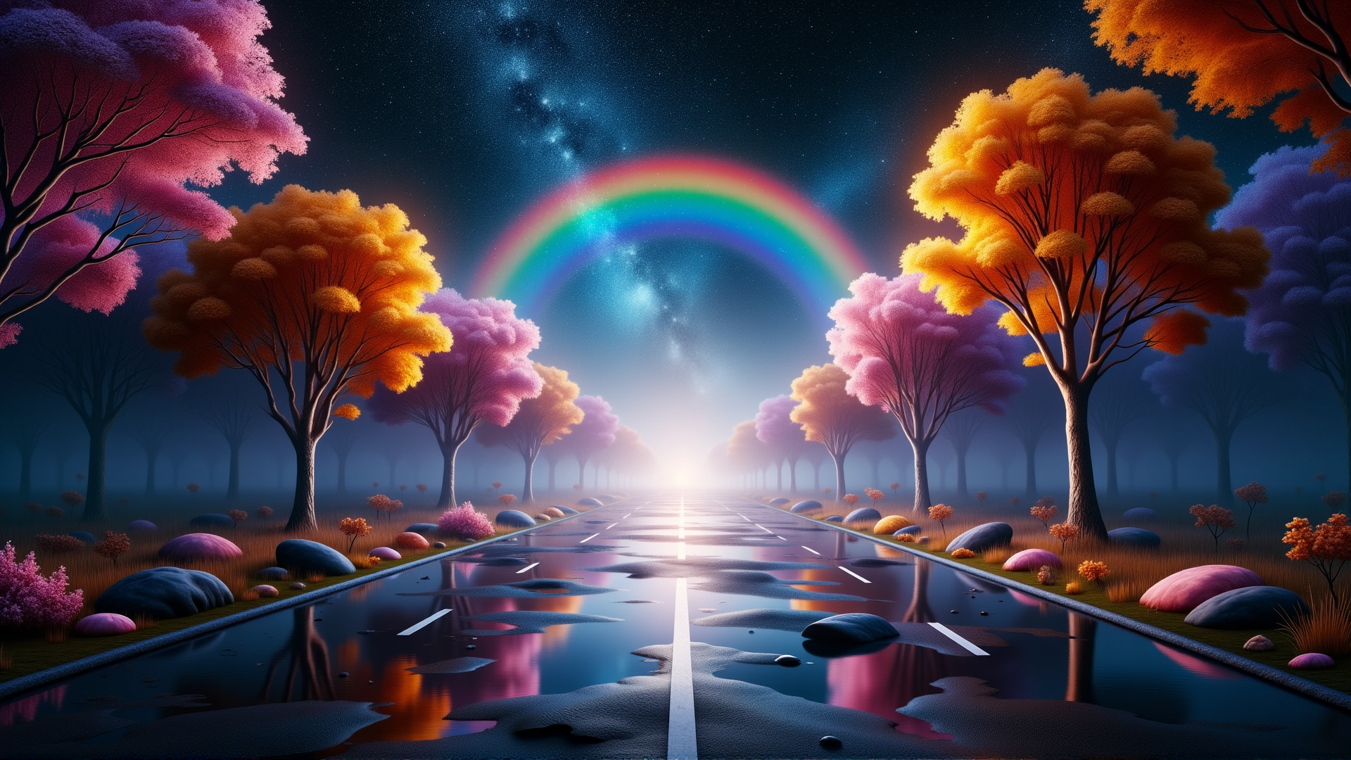 AI generated wallpaper featuring road, trees, rainbow