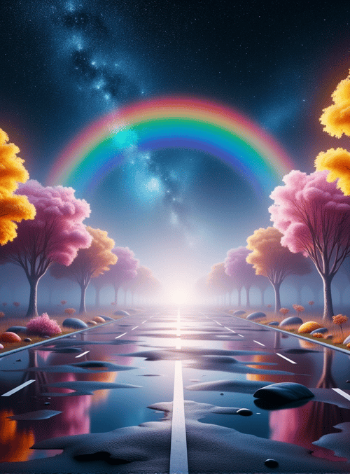 road, trees, rainbow