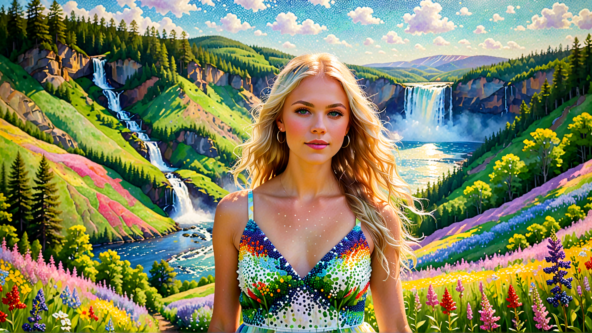 AI generated wallpaper featuring woman, waterfall, mountain, flower, river, forest, landscape, dress, sky, cloud