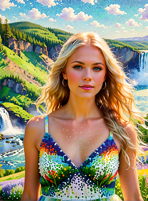 woman, waterfall, mountain, flower, river, forest, landscape, dress, sky, cloud