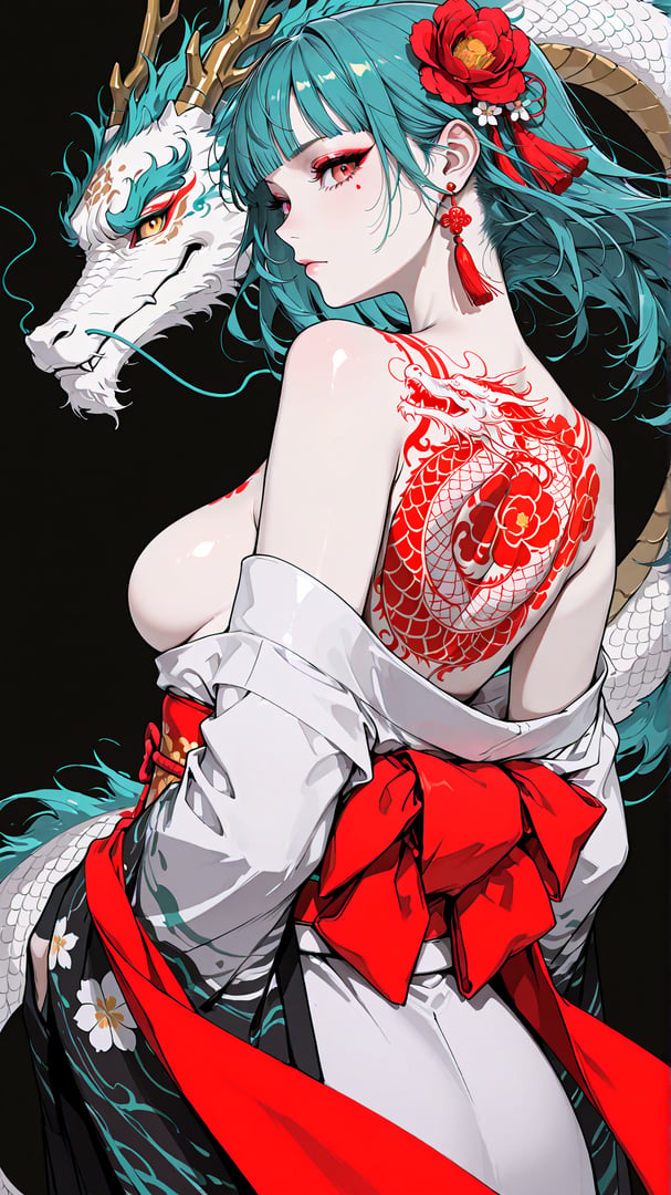AI generated wallpaper featuring woman, dragon, tattoo