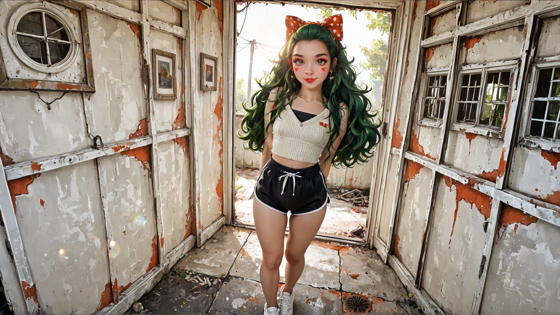 AI generated wallpaper featuring girl, bow, shorts, crop top, sneakers