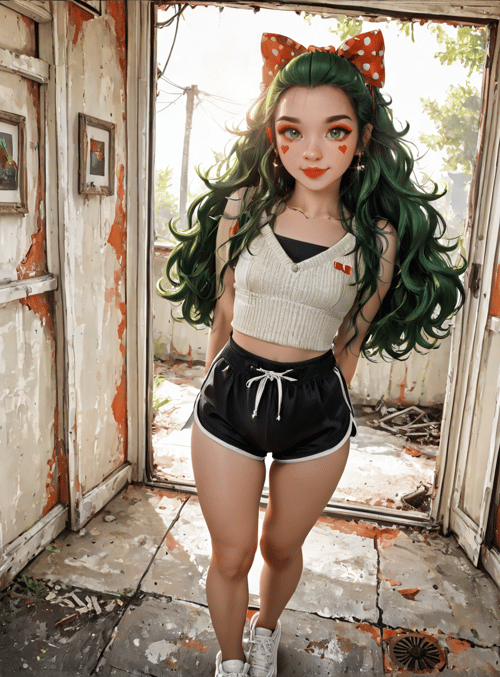 girl, bow, shorts, crop top, sneakers