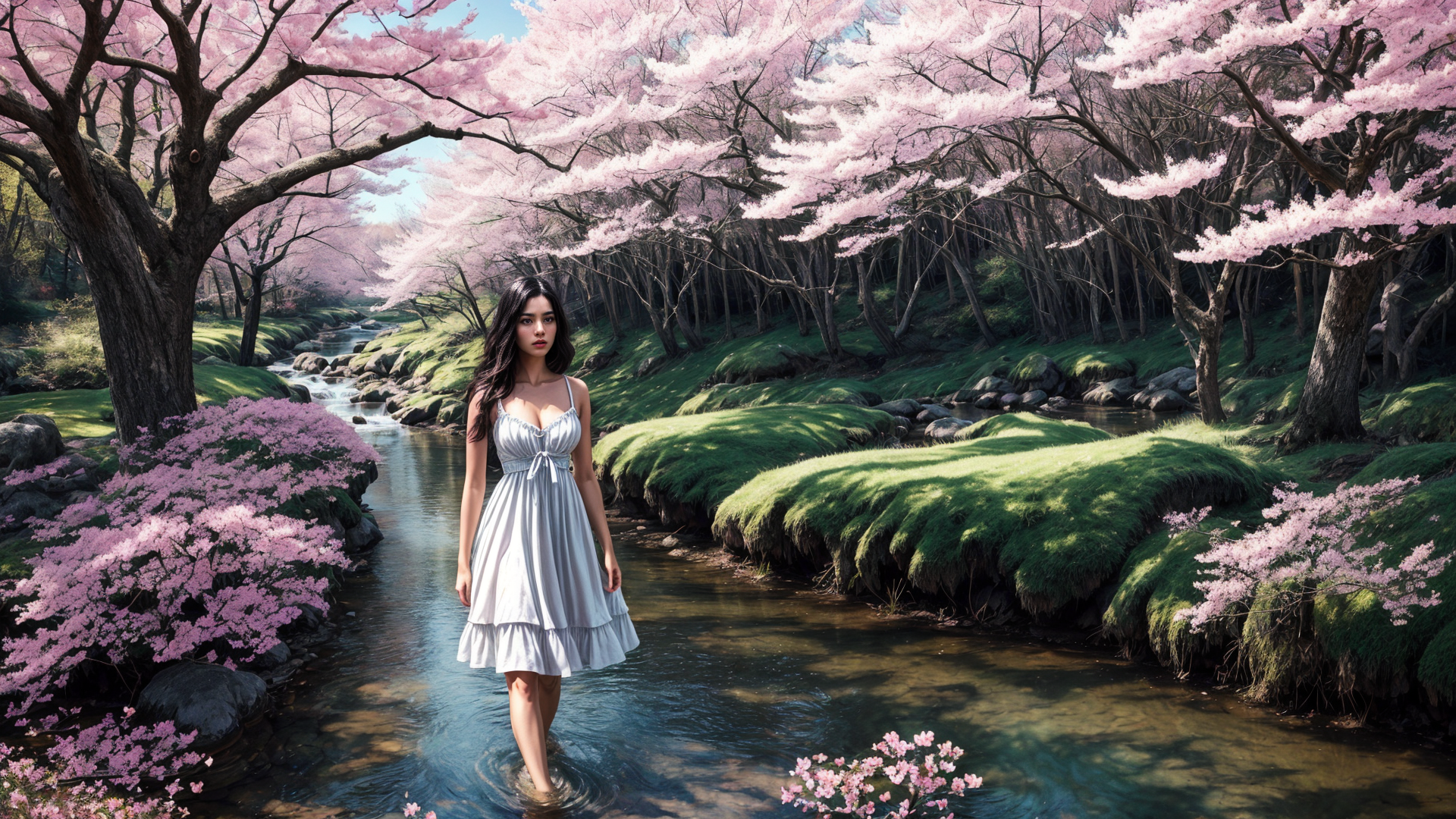 AI generated wallpaper featuring woman, sakura, stream