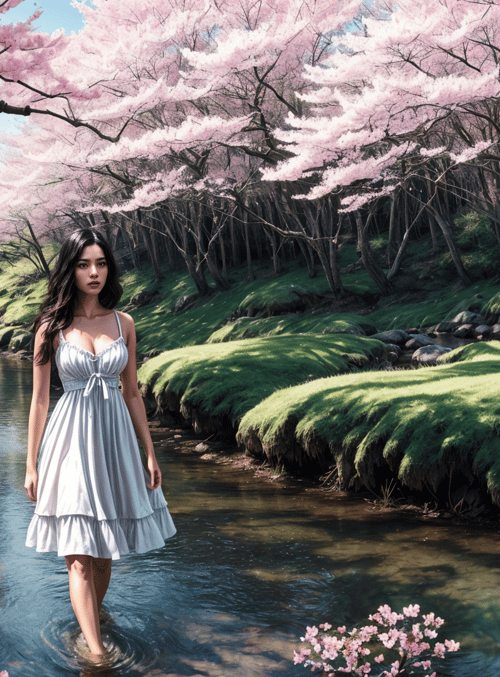 woman, sakura, stream
