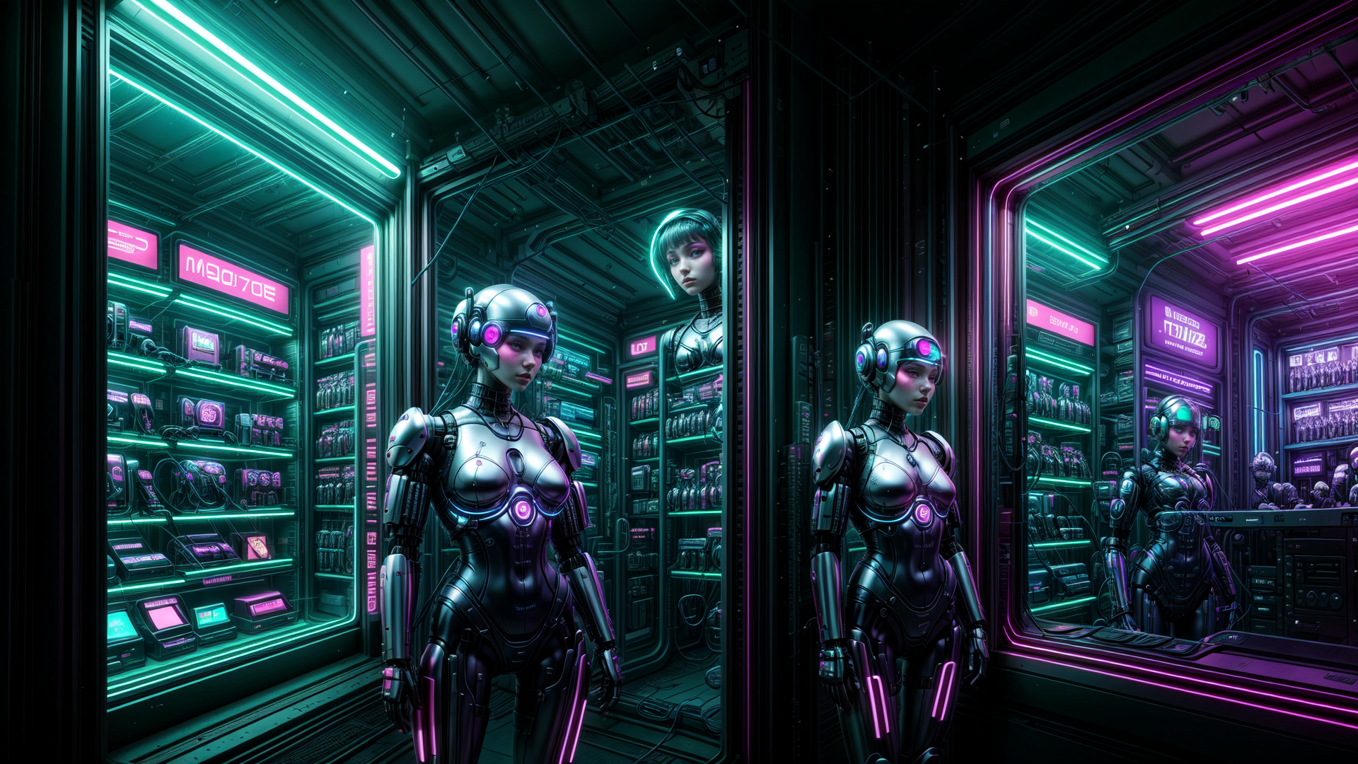 AI generated wallpaper featuring robot, neon, mirror