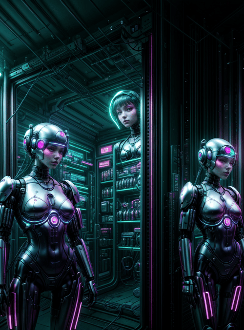 robot, neon, mirror