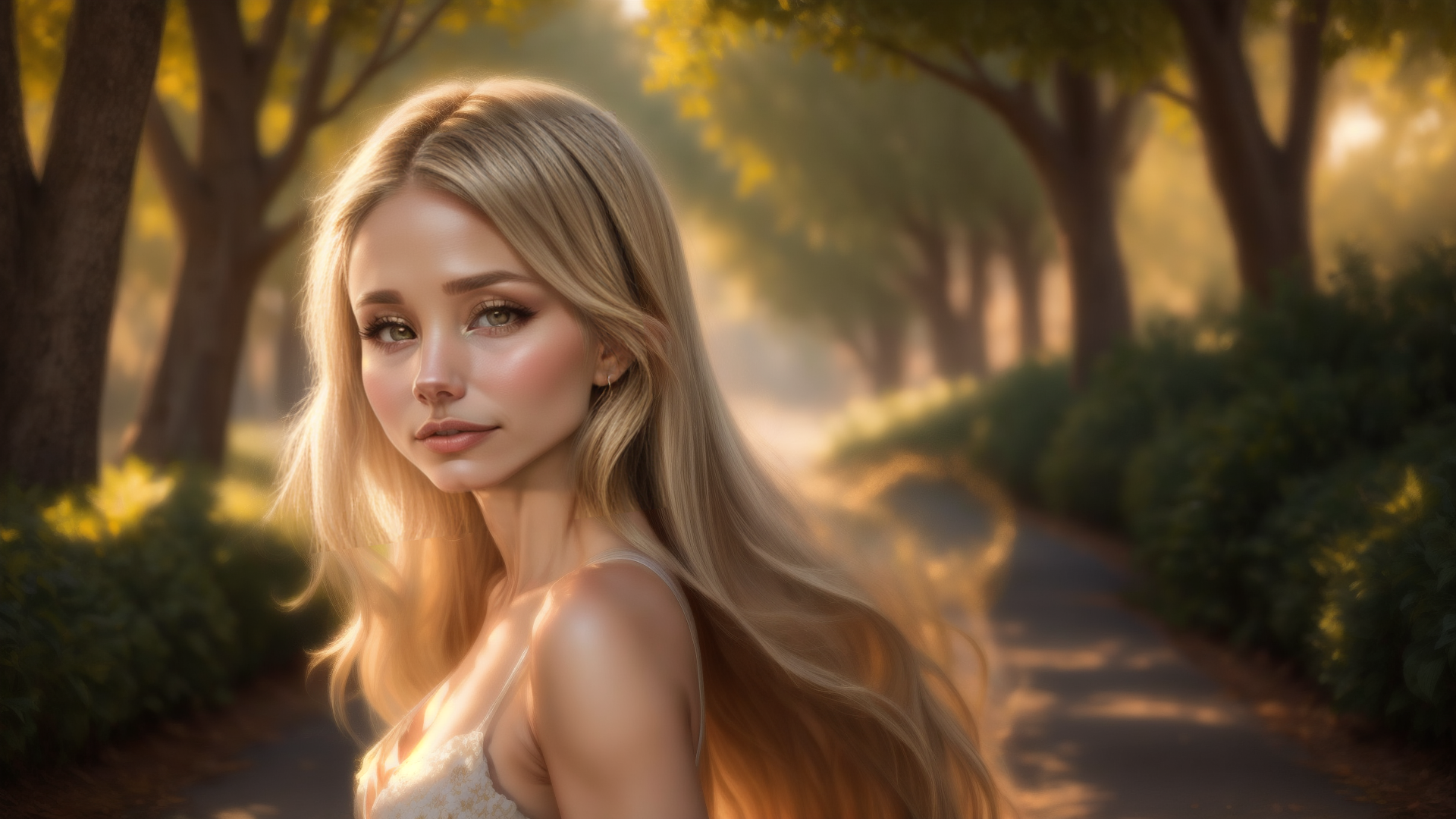 AI generated wallpaper featuring woman, trees, path