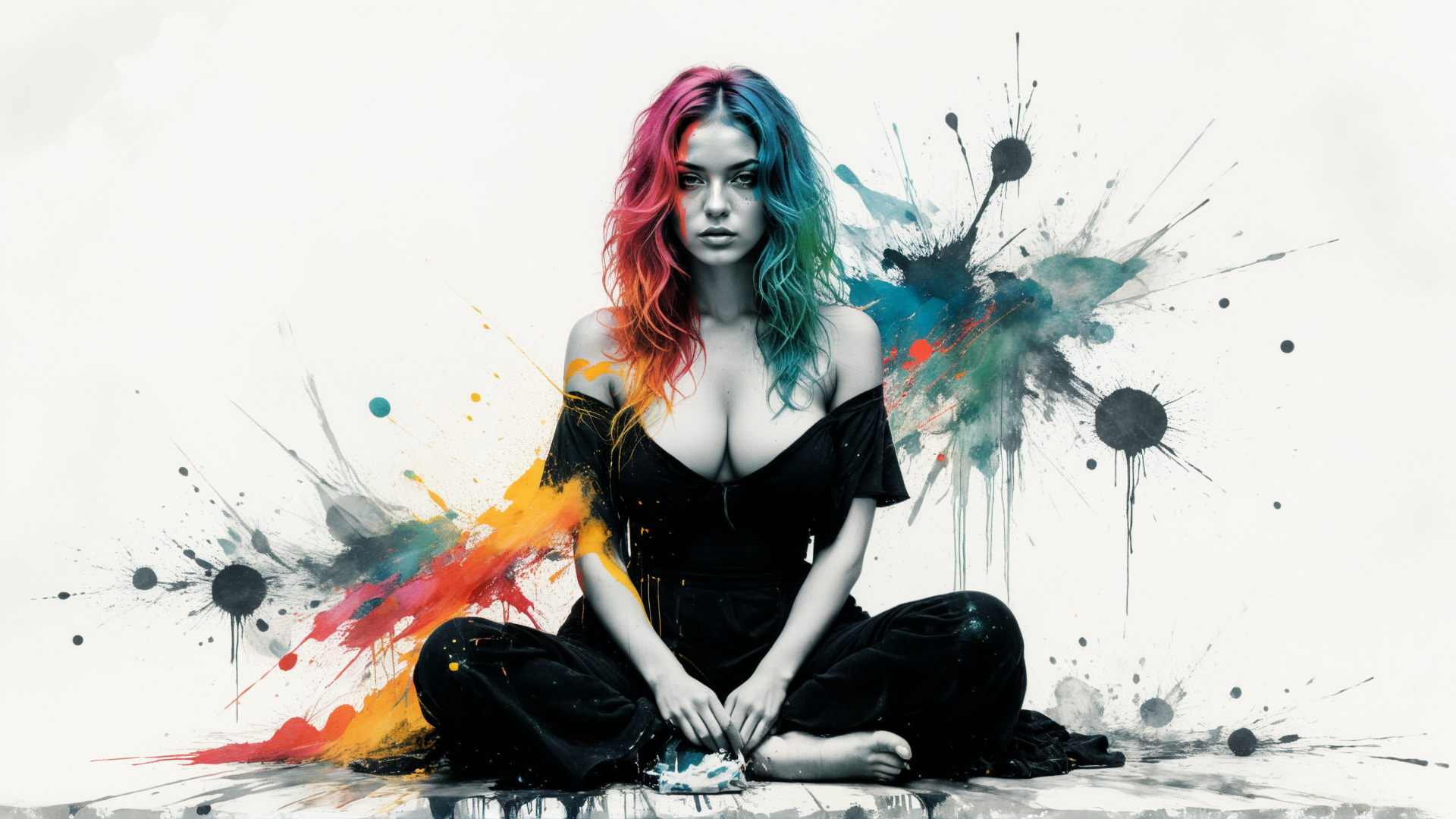 AI generated wallpaper featuring woman, paint splatter, colorful hair, black dress