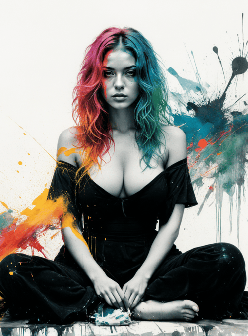 woman, paint splatter, colorful hair, black dress