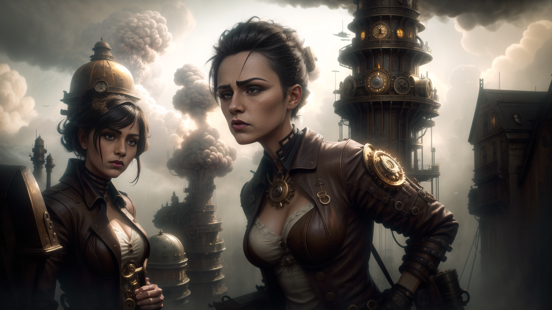 AI generated wallpaper featuring women, steampunk, clock tower