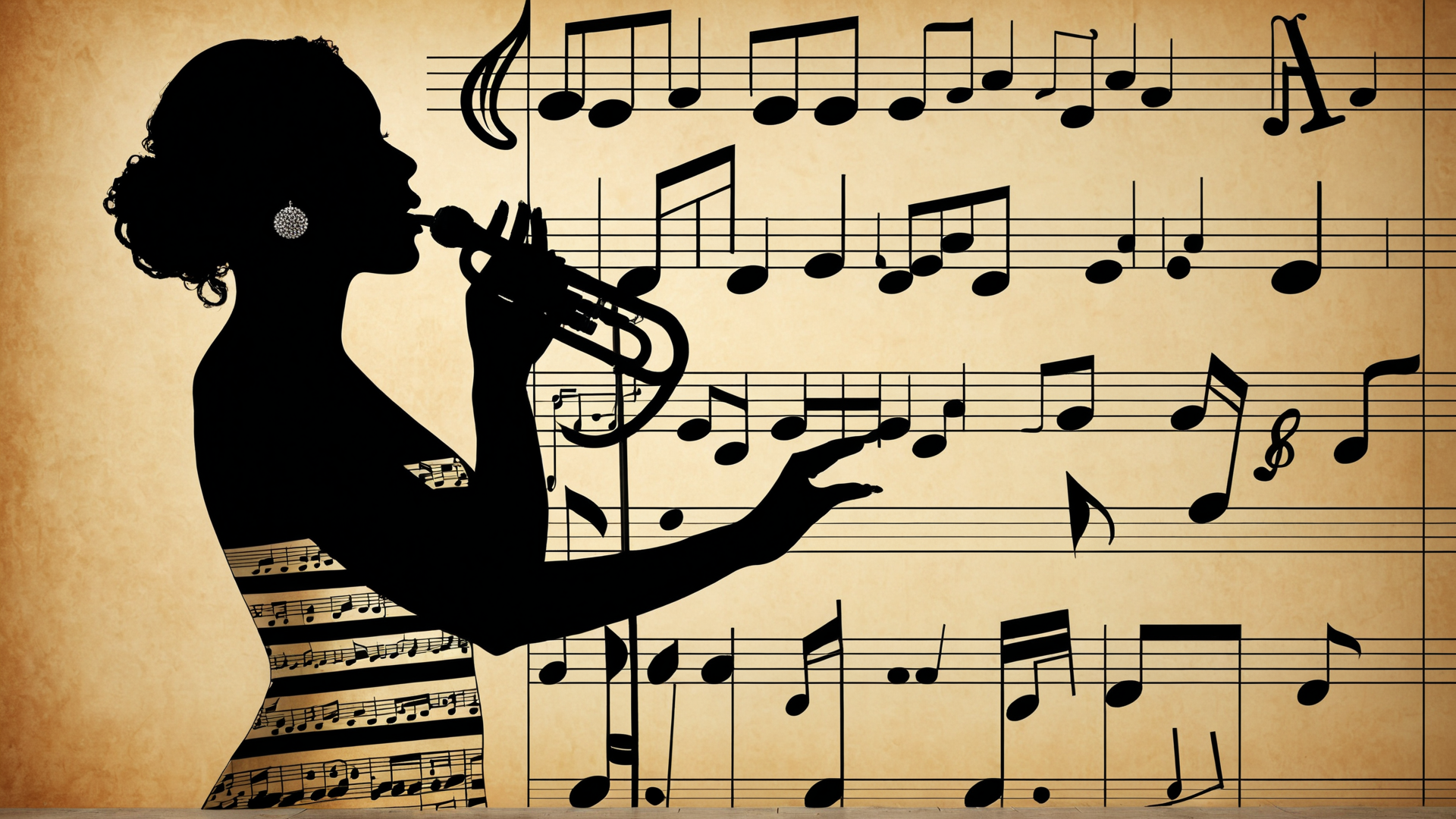 AI generated wallpaper featuring silhouette, woman, trumpet, music, note, earring, dress, background