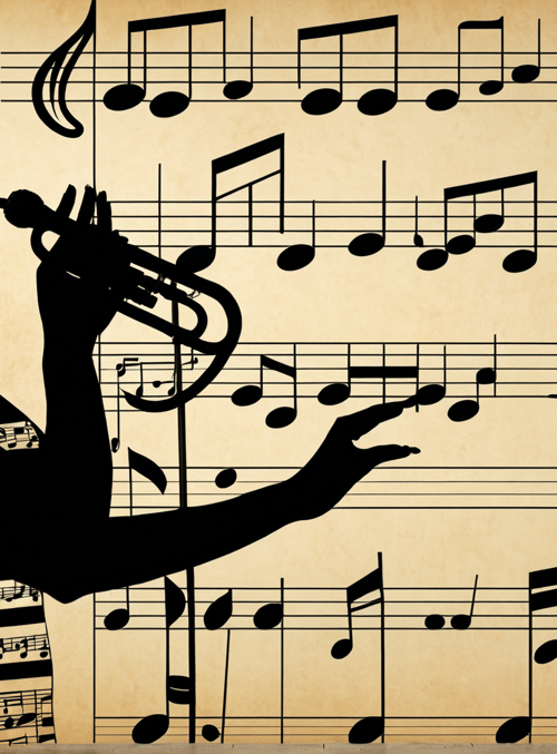 silhouette, woman, trumpet, music, note, earring, dress, background
