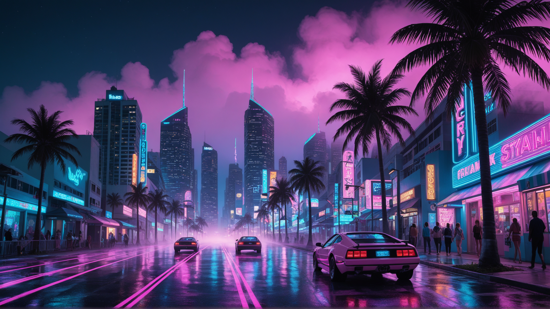AI generated wallpaper featuring city, cars, palm trees
