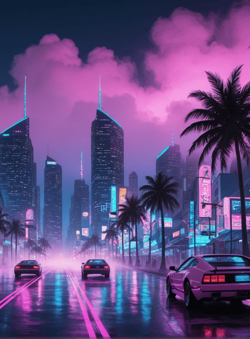 city, cars, palm trees