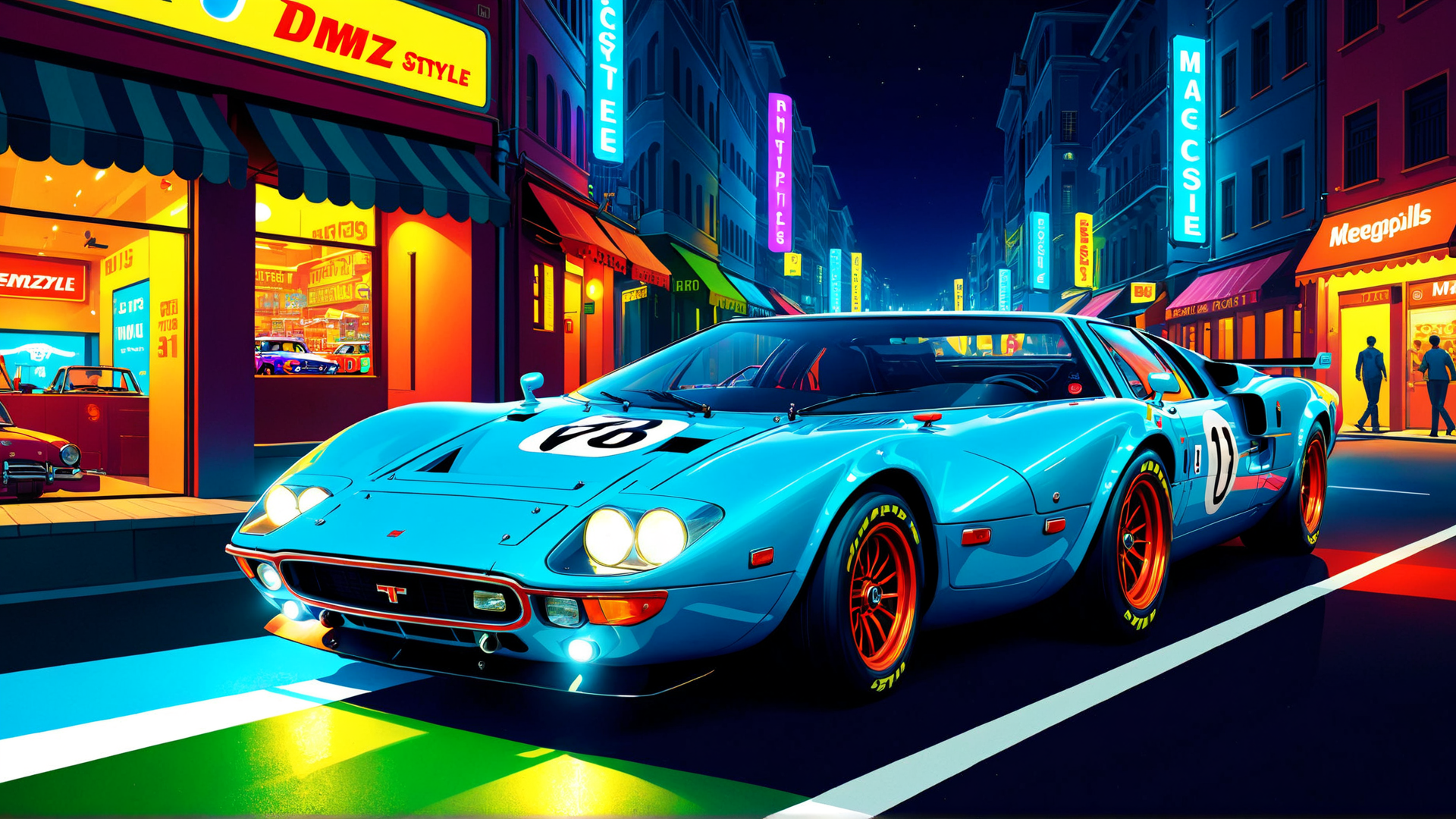 AI generated wallpaper featuring sports car, city street, neon lights, buildings, storefronts, street signs, people