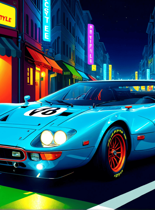 sports car, city street, neon lights, buildings, storefronts, street signs, people