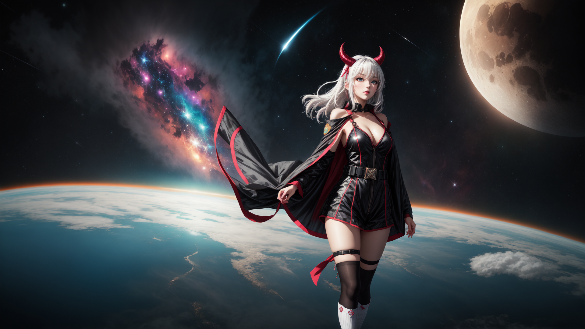 AI generated wallpaper featuring woman, devil, space, galaxy, moon, earth, cape, horns