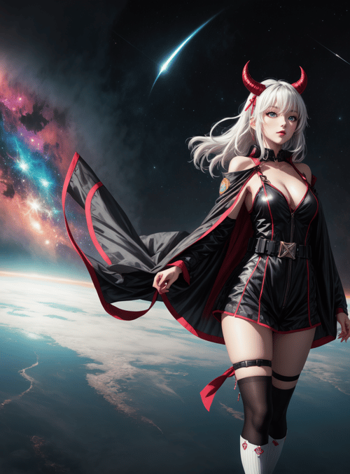 woman, devil, space, galaxy, moon, earth, cape, horns