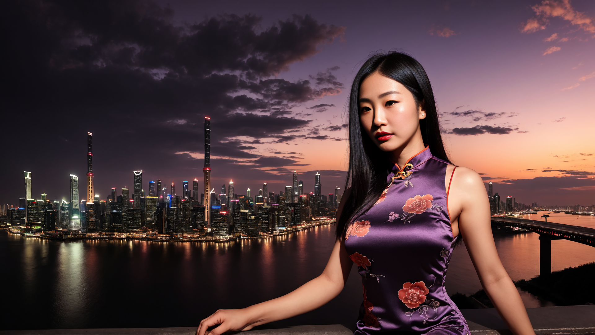 AI generated wallpaper featuring woman, cityscape, chinese dress