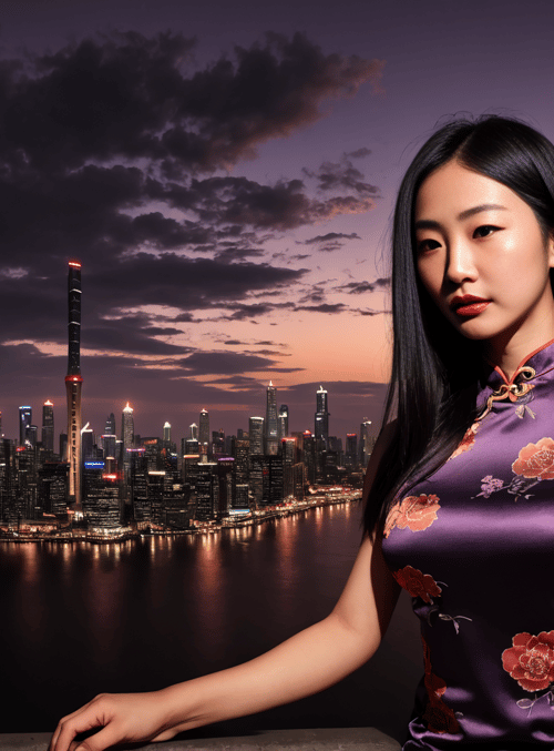 woman, cityscape, chinese dress