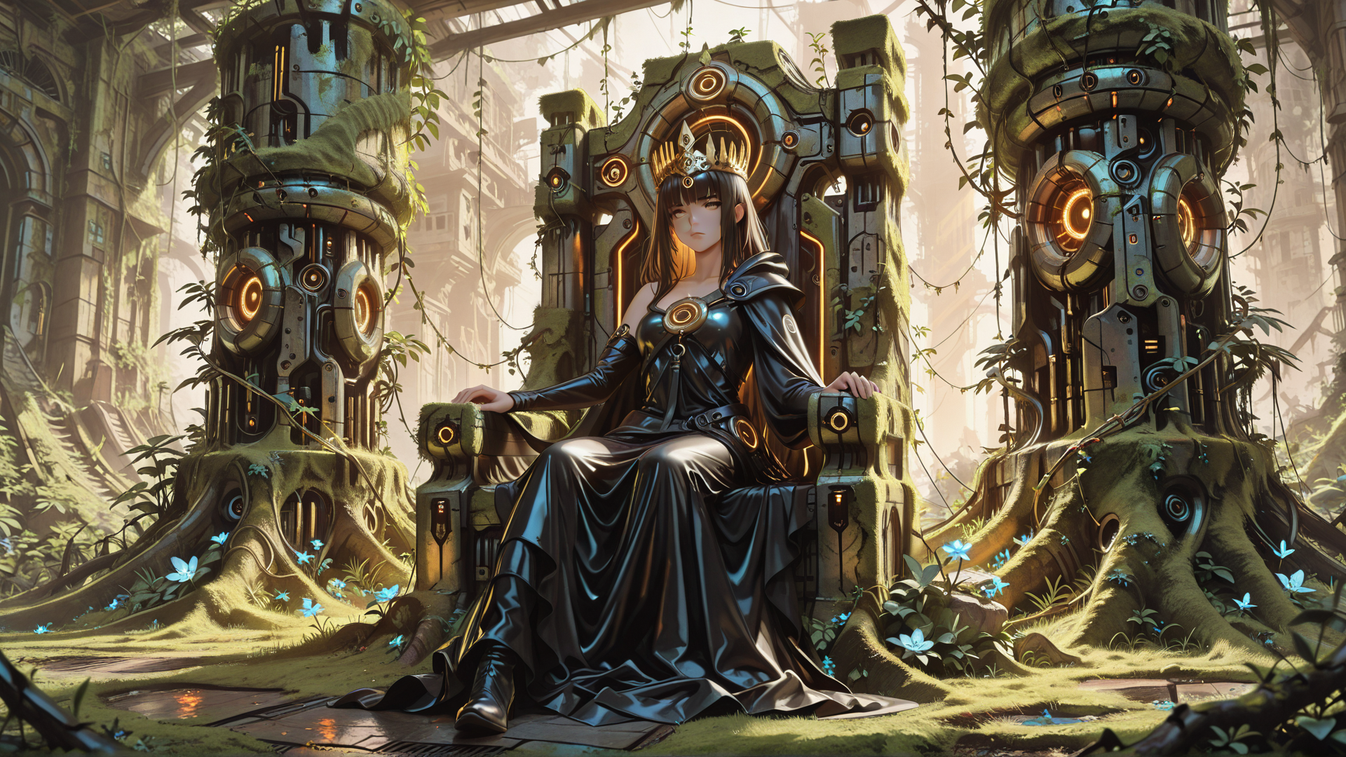 AI generated wallpaper featuring queen, cyborg, throne, garden, robotic, vines, ancient, mechanical, nature, architecture