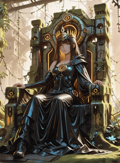 queen, cyborg, throne, garden, robotic, vines, ancient, mechanical, nature, architecture