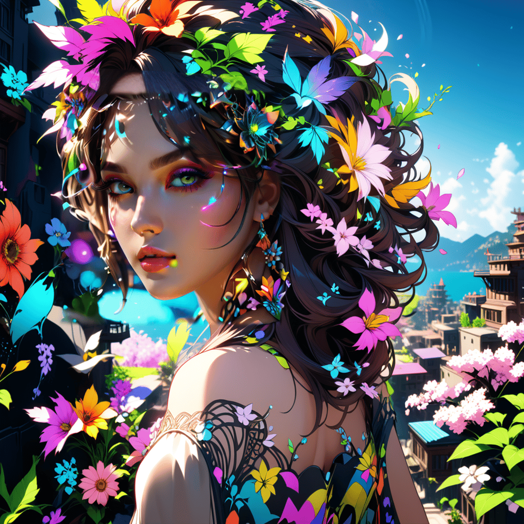 AI generated wallpaper featuring woman, flowers, city