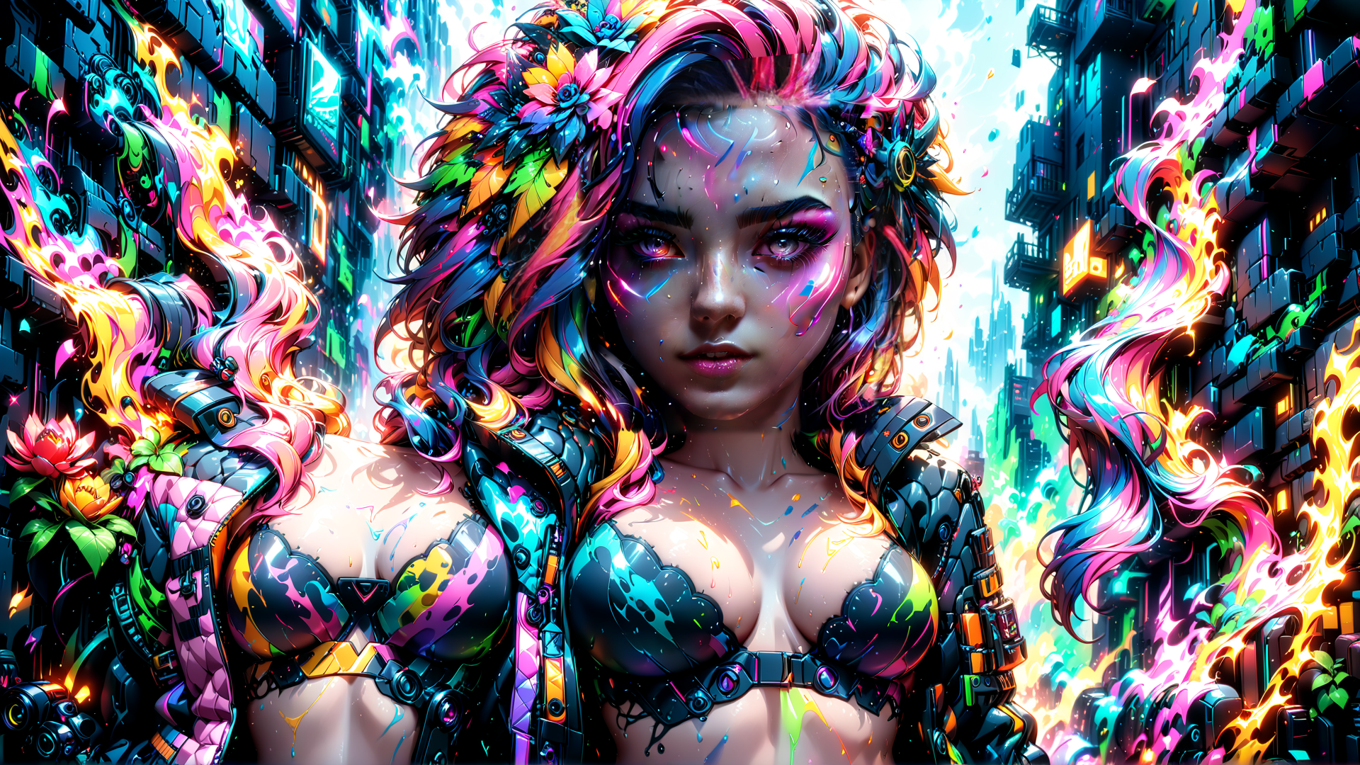 AI generated wallpaper featuring cyberpunk, woman, flames