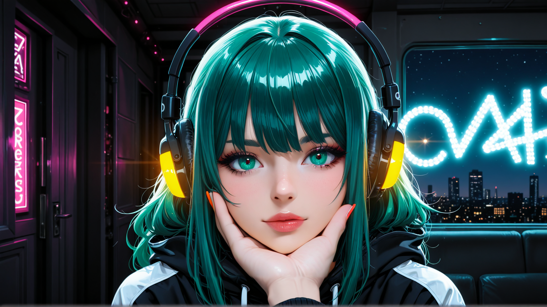 AI generated wallpaper featuring girl, headphones, neon