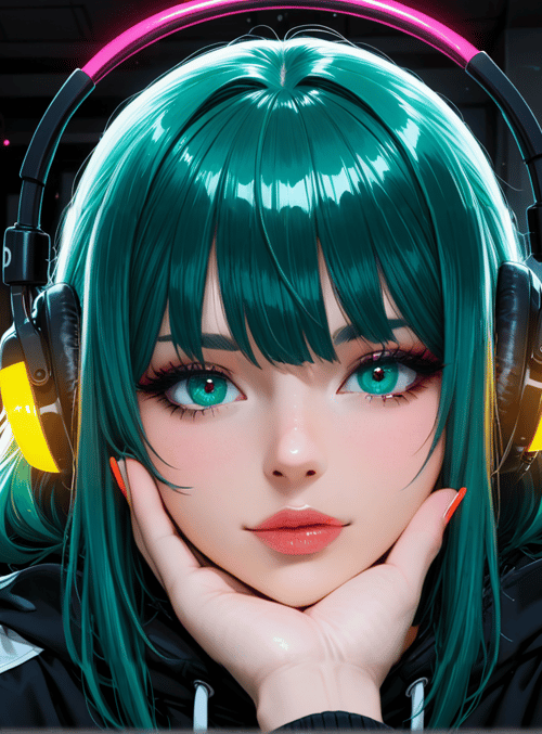 girl, headphones, neon