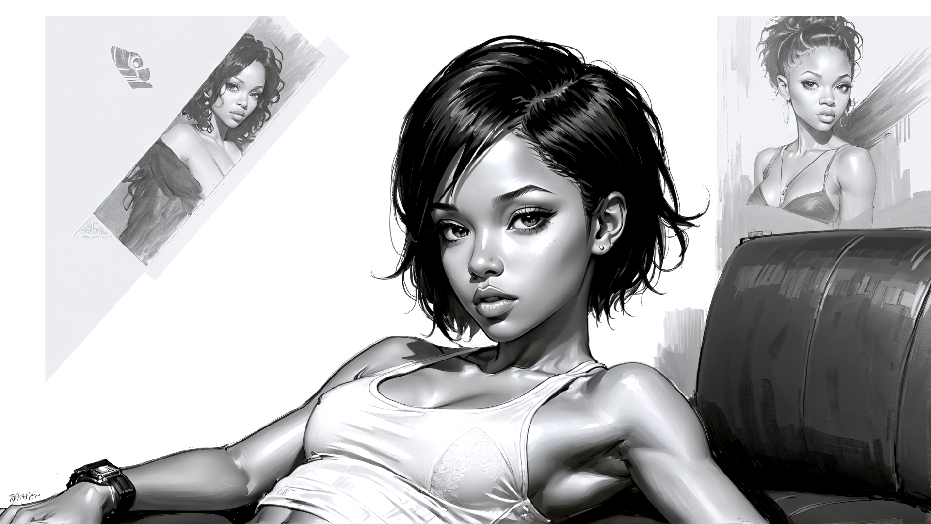AI generated wallpaper featuring woman, sketch, portrait, leather, wristwatch, dress, earring, hair, tanktop, couch