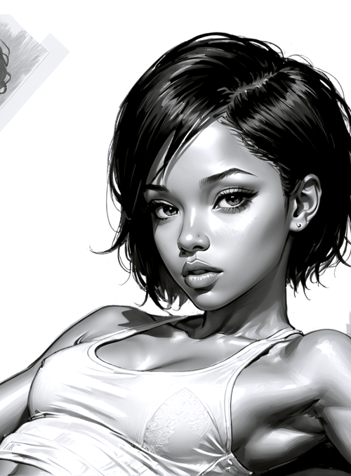 woman, sketch, portrait, leather, wristwatch, dress, earring, hair, tanktop, couch