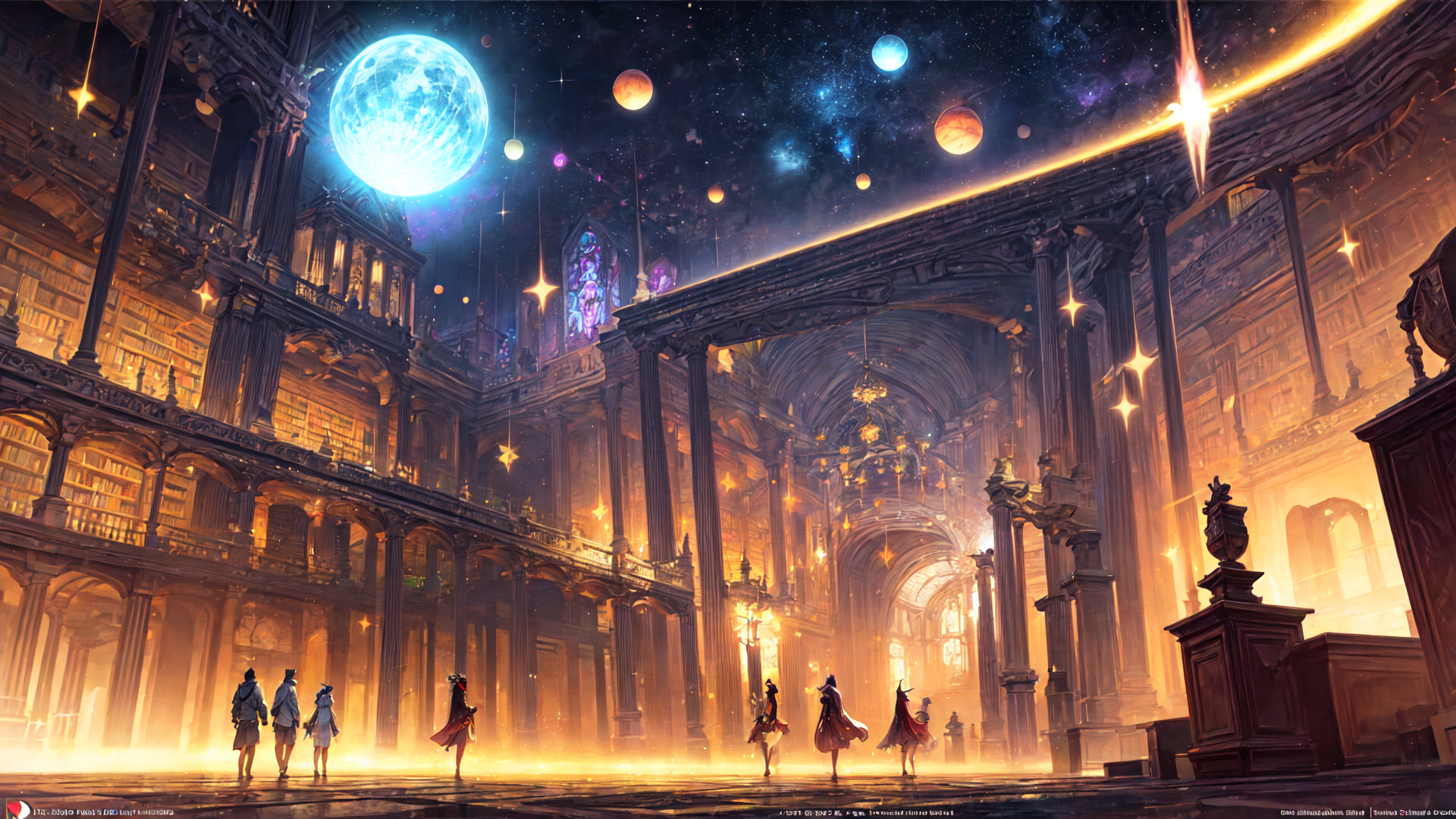 AI generated wallpaper featuring library, astral, figures