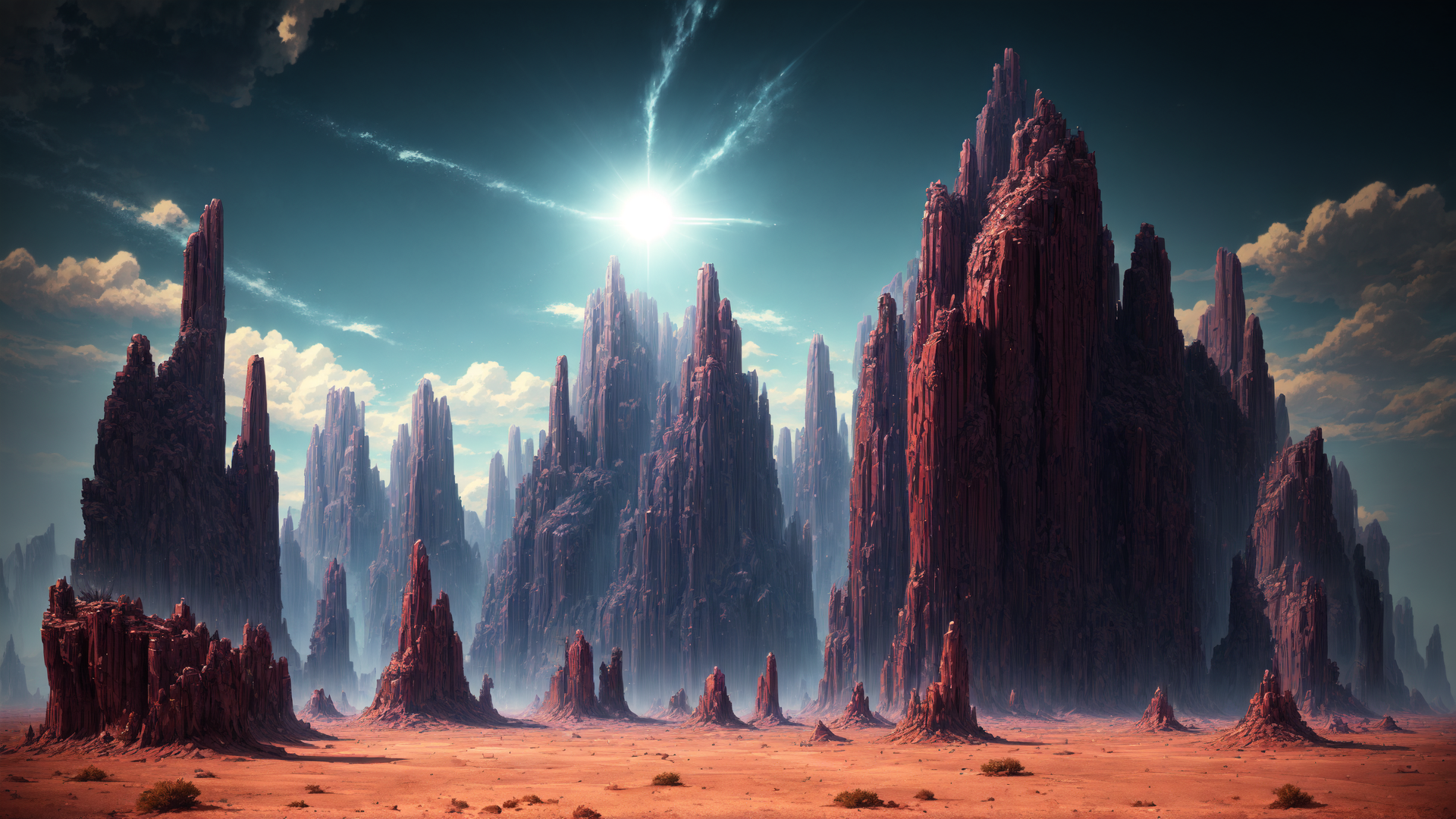 AI generated wallpaper featuring rock formations, desert, sky